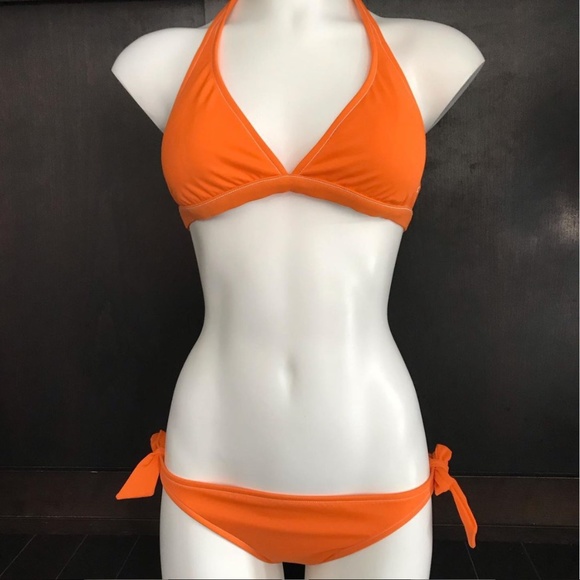 Billabong surf solid orange halter top low rise bikini set - Picture 2 of 8